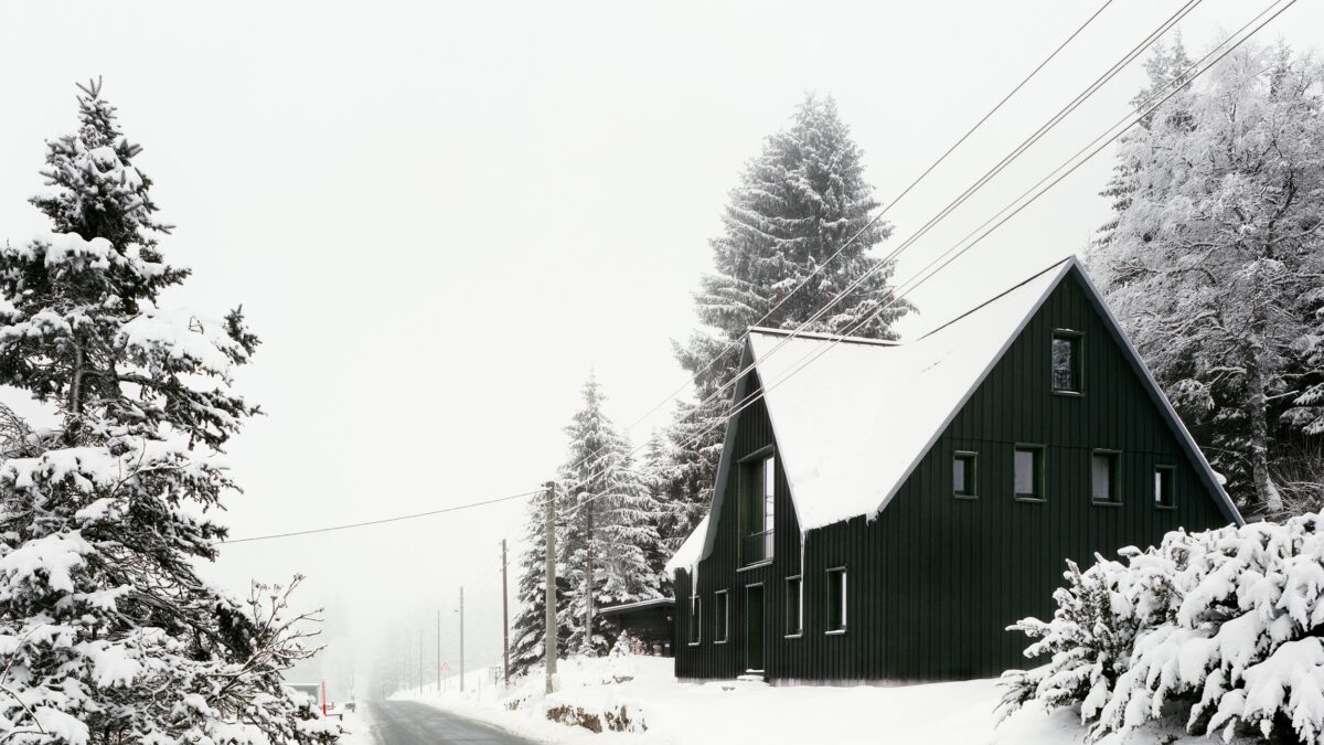 Ein verschneites dunkelgrünes Haus im Nebel