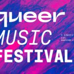 Ein pink-lilaner Hintergrund mit weißer Aufschrift: queer music festival