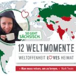 Banner mit der Aufschrift 12 Weltmomente und eine Weltkarte, in der ecke das Foto einer weißern Frau mit Teetasse in der Hand