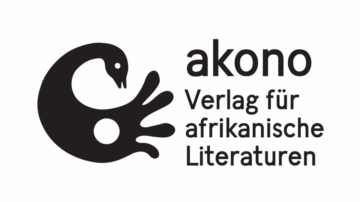 Logo des akono Verlags für afrikanische Literatur, schwarz. Links eine geschwungene Ente, rechts Schrift.